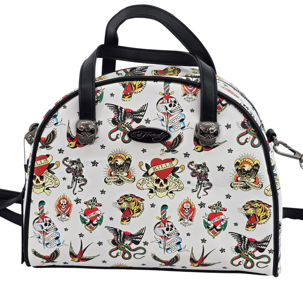 Ed Hardy Tattoo Print Thermal Lunch Tote White Vegan Leather EHL010-42-001